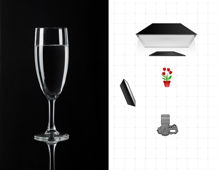 Diptych of a photo of a wineglass and a diagram explaining the glass photography lighting setting