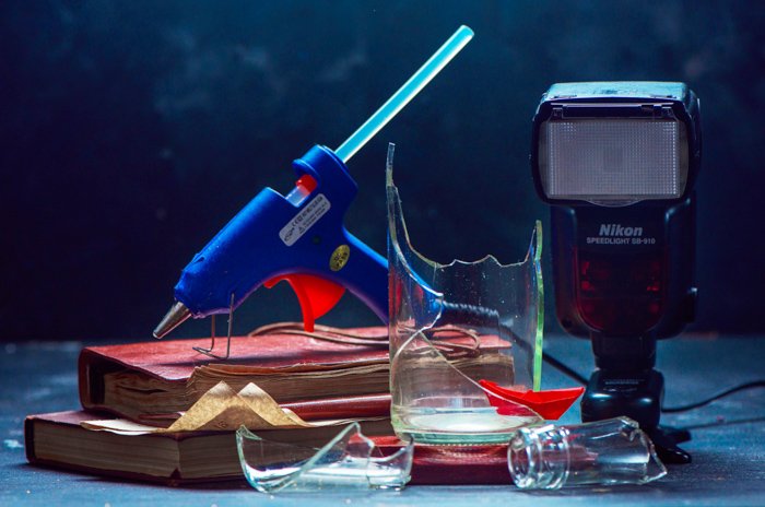 Setting up a creative exploding glass photo - photography equipment