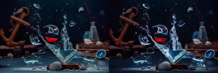 A creative exploding glass photo diptych comparing before and after editing