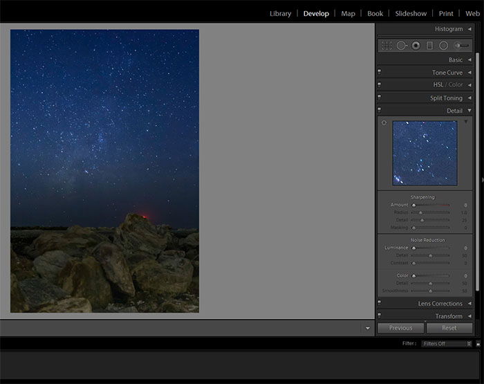 Screenshot of using the develop module in lightroom to reduce digital noise