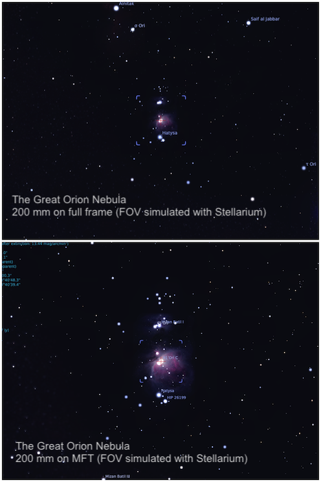 Diptych deep space photos comparing M42 seen with a 200mm lens on full frame (top) and MFT (bottom) cameras