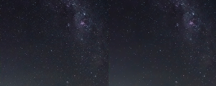 Diptych of a star filled sky before and after noise reduction