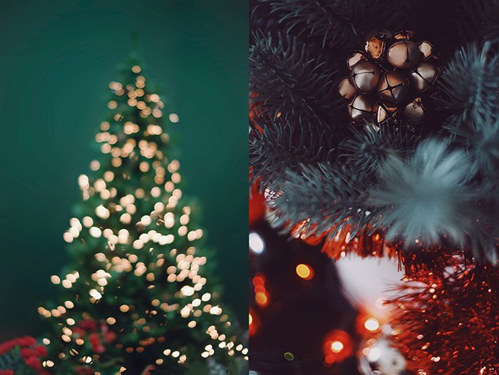 Diptych festive photo of a christmas tree and close up of decorations
