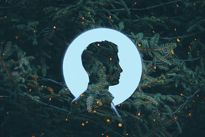 Cool christmas double exposure of a man and christmas tree