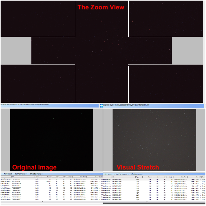 Deep Sky Stacker interface -Magnified panels in the zoomed view and the effect of the visual stretching .