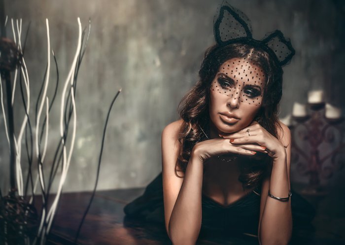 gorgeous glamour model wearing black lace animal ears