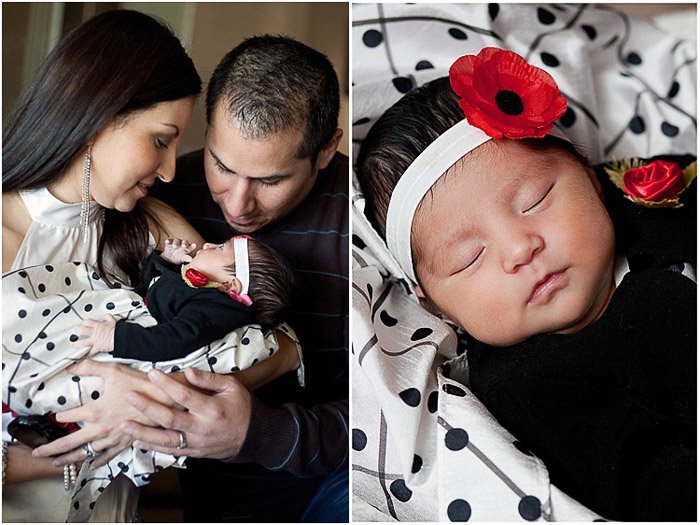 A diptych portrait of a couple holding their baby, and a close up newborn portrait