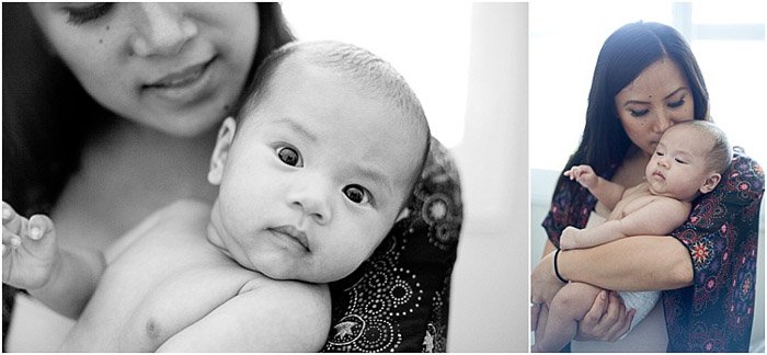 Family portrait diptych of a mother posing with newborn baby for a session at a newborn photography business