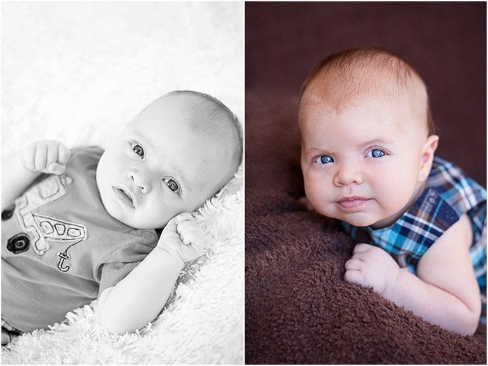 A baby posed near a big light source in the home on a boppy pillow and two different blankets for backgrounds.