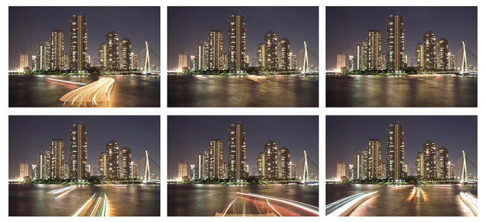 A 6 photo grid of a cityscape