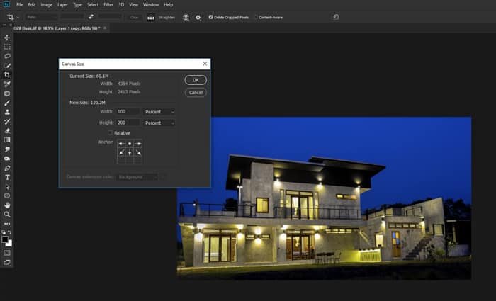 A screenshot of doubling the canvas size to make a reflection in Photoshop