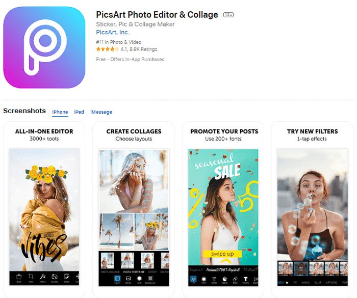 Screenshot of the Picsart photo editor app for turning photos into art