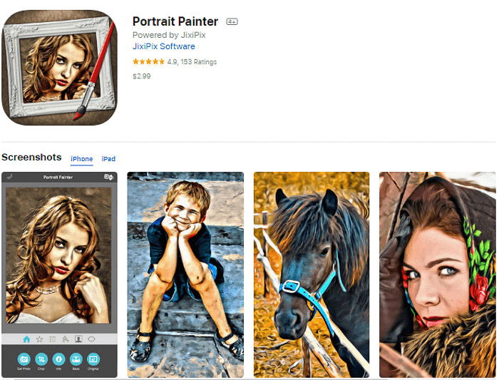 Screenshot of the Portrait Painter app for turning pictures into paintings