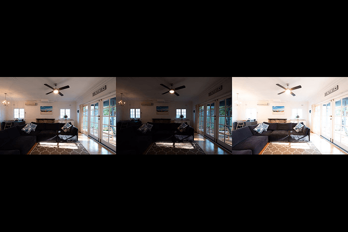 A triptych of interior photography, using bracketing settings 0 EV -2 EV +2 EV
