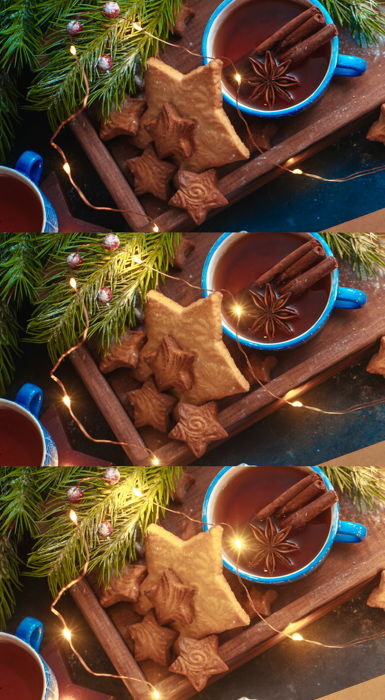 A christmas lights photography still life diptych comparing the difference between 2, 8 and 20 seconds shutter speed, respectively