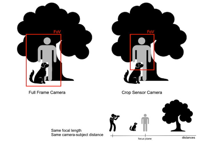 diagram explaining depth of field and field of view - crop sensor vs full frame camera