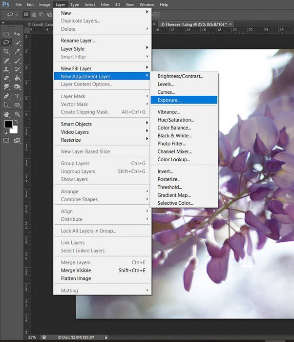 a screenshot showing how to edit photos in Photoshop for beginners - new adjustment layer