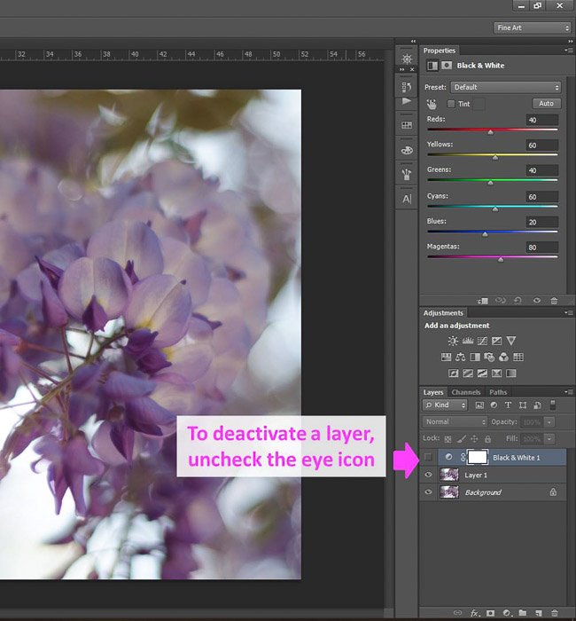 a screenshot showing how to edit photos in Photoshop for beginners, with an arrow pointing to deactivate layer