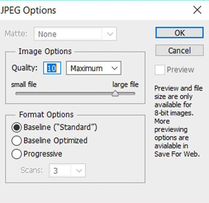 a screenshot showing Jpeg options menu