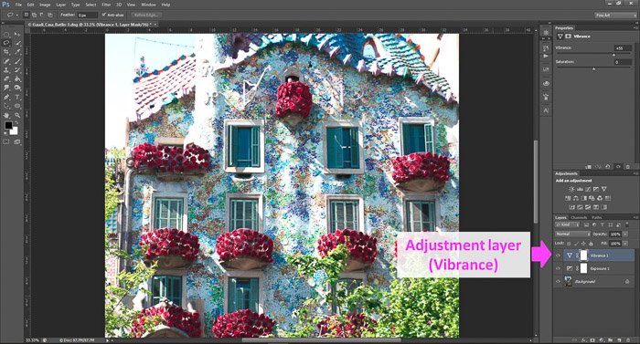 a screenshot showing how to edit photos in Photoshop for beginners, with an arrow pointing to Adjustment layer (vibrance)