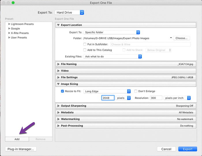 Screenshot show hoto to resize photos for facebook in Lightroom