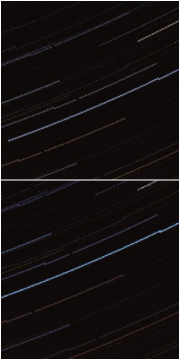 A diptych close up of startrails processed with StarStax