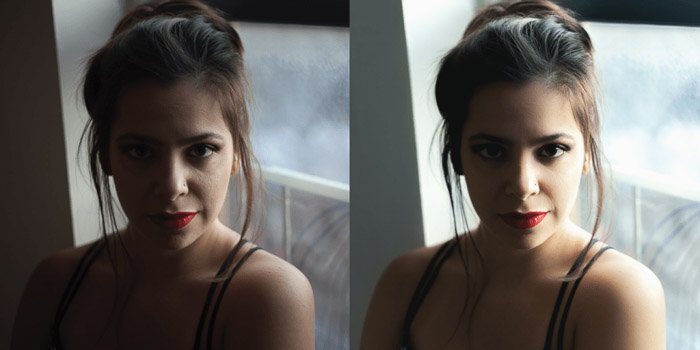 Diptych portraits of a model before and after retouching