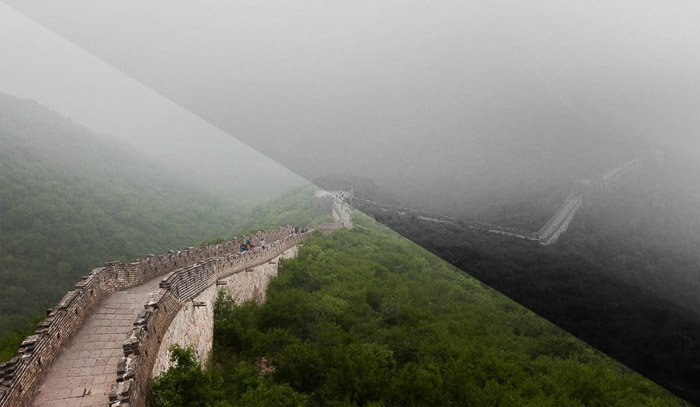 A photo of the Great Wall of China, split in half to compare black and white vs color photography