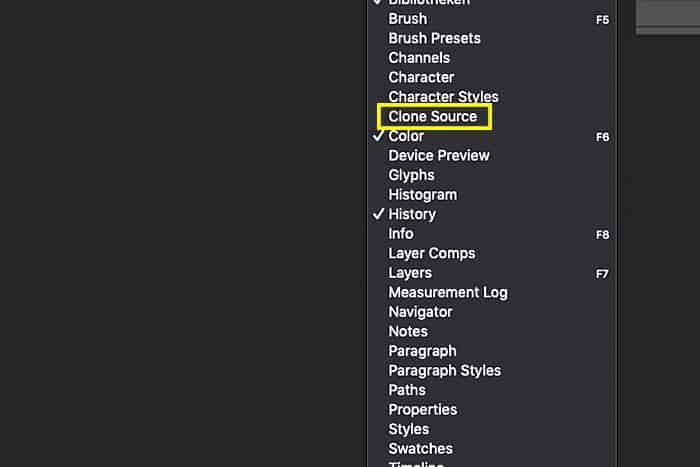 Screenshot of how to find the clone stamp tool in Photoshop