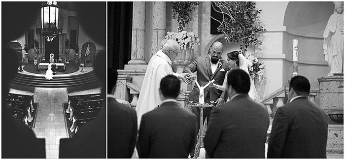 A black and white wedding photo diptych of the service in progress