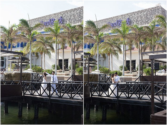 Destination wedding photography diptych of the couple posing outdoors by a harbour