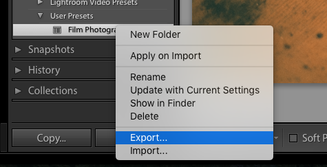 A screenshot of saving a preset for a film photography look in Lightroom