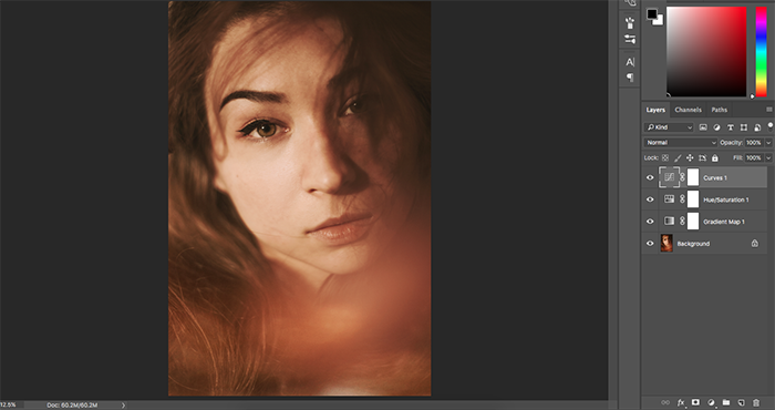 A screenshot of editing a portrait of a female model on Photoshop