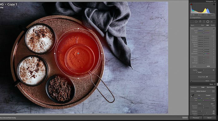 Screenshot of editing a flat lay food photo of delicious chocolate dessert - using lightroom shortcuts