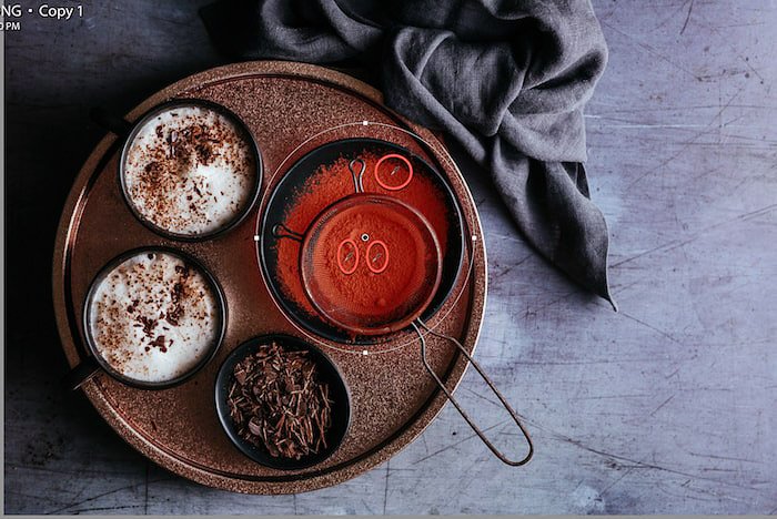 Screenshot of editing a flat lay food photo of delicious chocolate dessert - using lightroom shortcuts