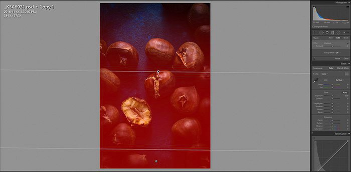 Screenshot of editing a flat lay food photo of chestnuts - using lightroom shortcuts