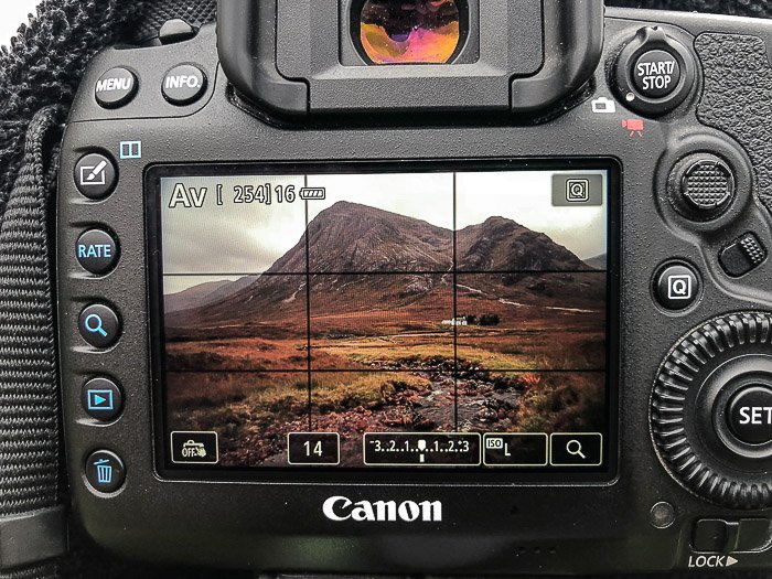 Close up of the screen of a Canon DSLR while composing a landscape photo
