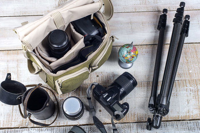 An overhead shot of landscape photography gear