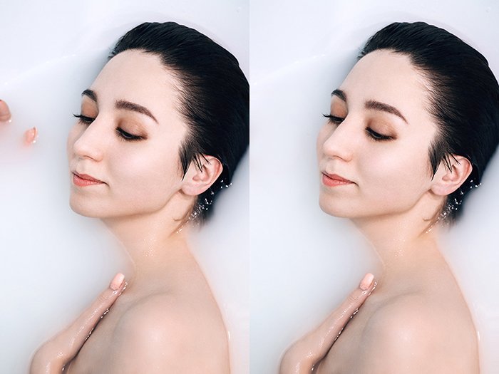 A milk bath photography diptych showing before and after editing a photo of a female model 