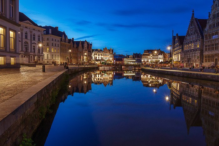 An evening cityscape in Ghent, Belgium -reflections in photography