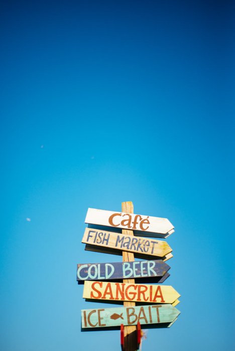 hand-painted signs on a wood post against a clear bright blue sky