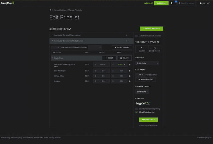 Screenshot of editing a pricelist on smugmug