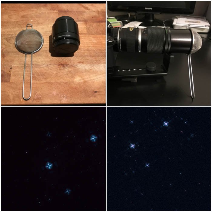 A 4 photo grid showing camera focusing with a kitchen sieve.