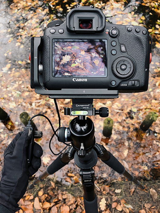 A DSLR camera set up on a tripod to take symmetry in nature photography