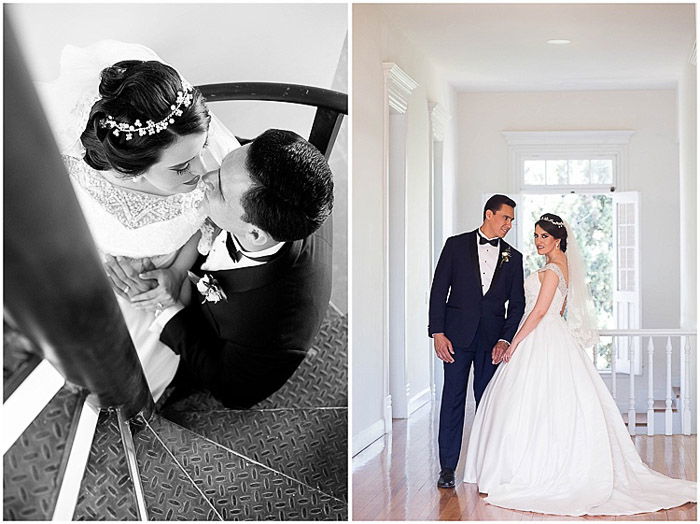 Destination wedding photography diptych of the couple embracing indoors