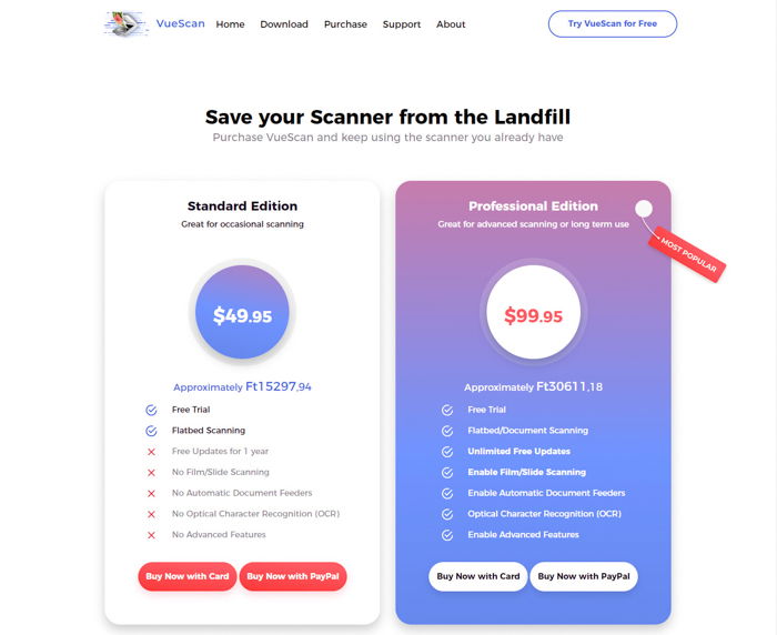 a screenshot of Vuescan pricing options