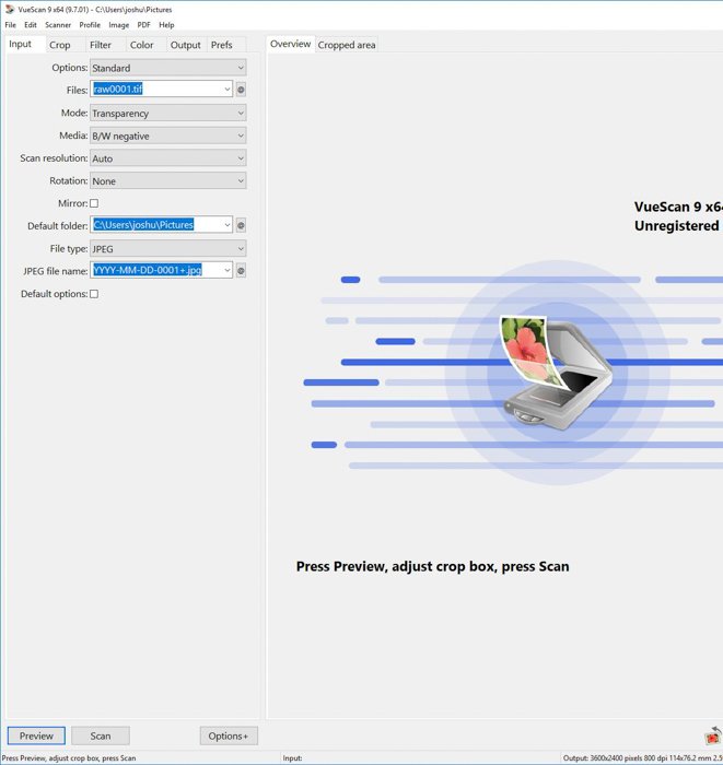A screenshot of VueScan film scanning software interface