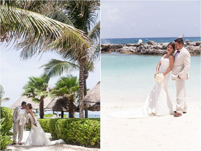 Destination wedding photography diptych of the couple posing on a beach