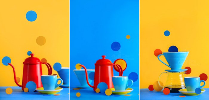 A fun kitchen utensil themed still life triptych with emphasis on contrasting colors blue and yellow