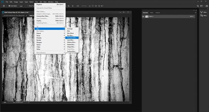A screenshot of editing a photo of a textured grunge wall using the displacement map photoshop - add a gaussian blur
